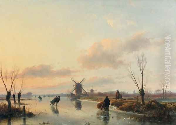 Skaters in a Winter Landscape with Windmills Oil Painting by Andreas Schelfhout