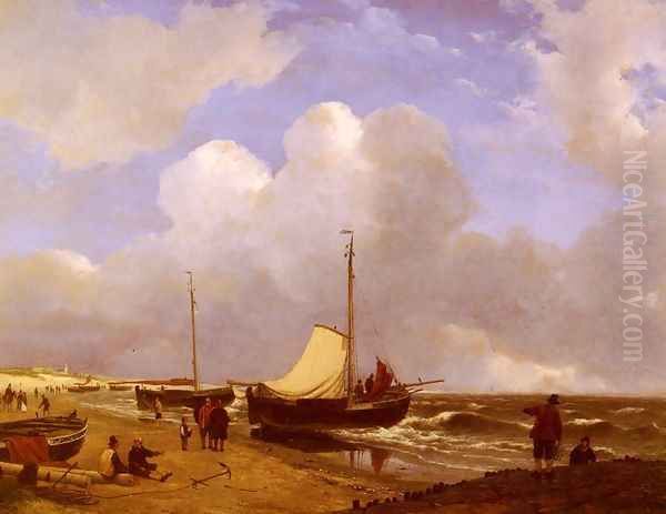 Moored on the Beach Oil Painting by Andreas Schelfhout