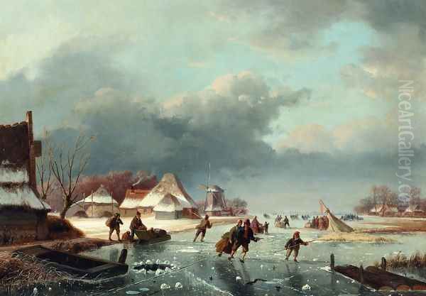 Figures Skating on a Frozen River Oil Painting by Andreas Schelfhout