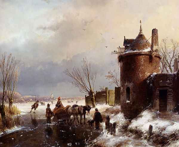 Figures With A Horse Sledge On The Ice, A Town In The Distance Oil Painting by Andreas Schelfhout