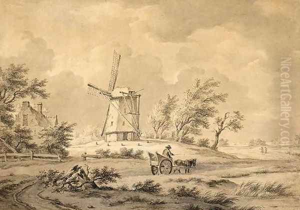 Horse and Carriage Near a Windmill Oil Painting by Andreas Schelfhout