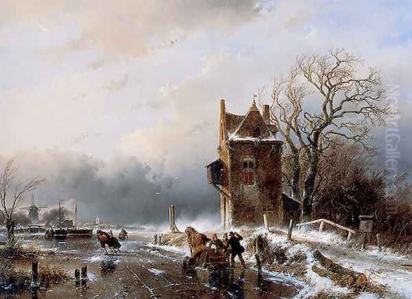 Skaters in Stormy Weather Oil Painting by Andreas Schelfhout