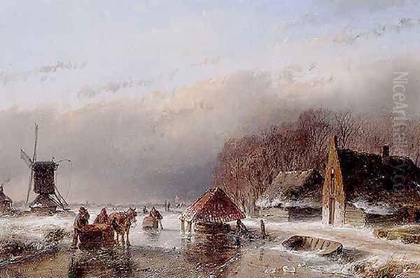 A Winter Landscape Oil Painting by Andreas Schelfhout