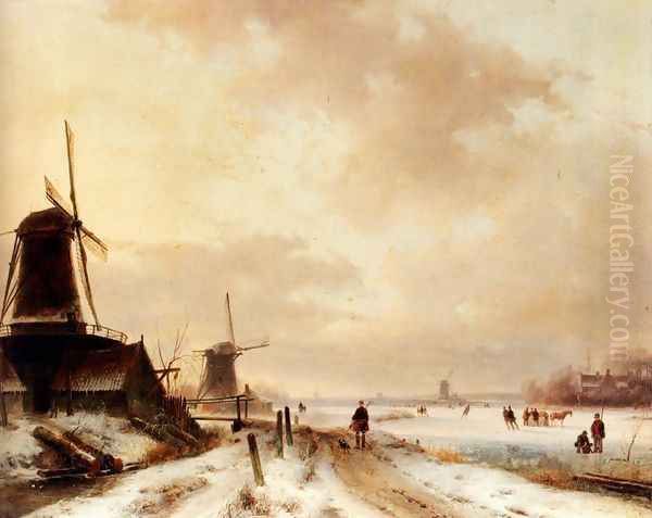 Winter: a huntsman passing woodmills on a snowy track, skaters on a frozen river beyond Oil Painting by Andreas Schelfhout