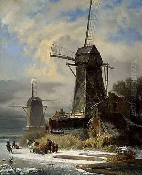 Winter Landscape with a moulin Oil Painting by Andreas Schelfhout