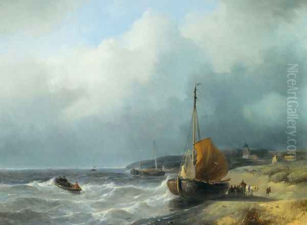 Fisherfolk by a Beached Bomschuit Oil Painting by Andreas Schelfhout