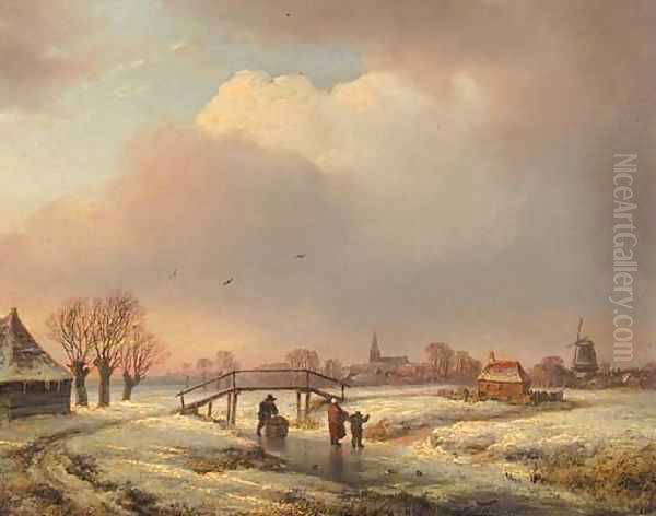 A winter landscape with figures on a frozen waterway Oil Painting by Andreas Schelfhout