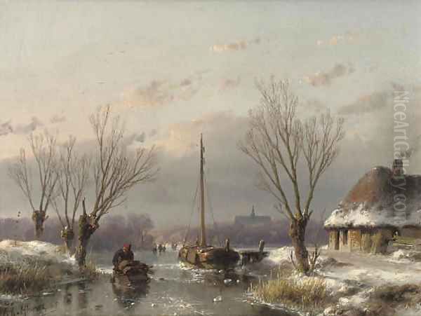 A sunny day in winter Oil Painting by Andreas Schelfhout