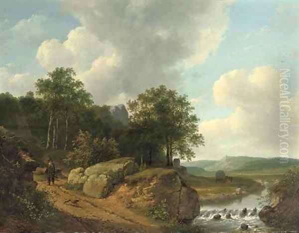 An extensive landscape with a traveller approaching a stream Oil Painting by Andreas Schelfhout