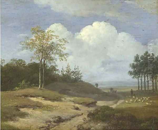 A summer landscape with a shepherd and his flock Oil Painting by Andreas Schelfhout