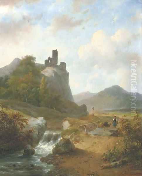 Crossing a bridge in a mountainous landscape Oil Painting by Andreas Schelfhout