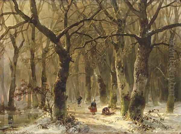 Woodgatherers on a forest path in winter Oil Painting by Andreas Schelfhout