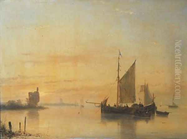 A calm sailing vessels at anchor on the Merwede river with Dordrecht beyond Oil Painting by Andreas Schelfhout