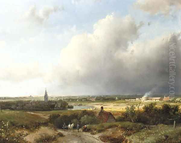 A panoramic Dutch river landscape Oil Painting by Andreas Schelfhout