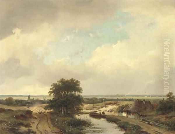 An extensive summer landscape, Haarlem in the distance Oil Painting by Andreas Schelfhout