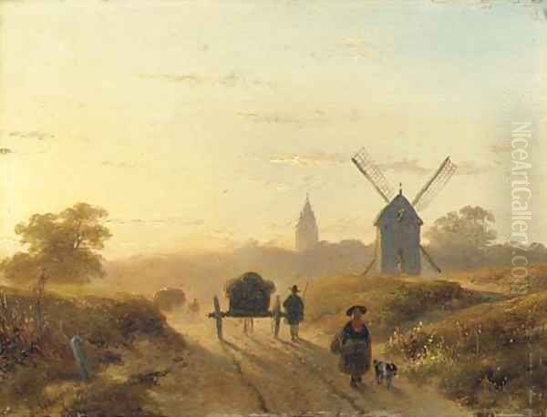 Figures on a dusty track in late afternoon Oil Painting by Andreas Schelfhout