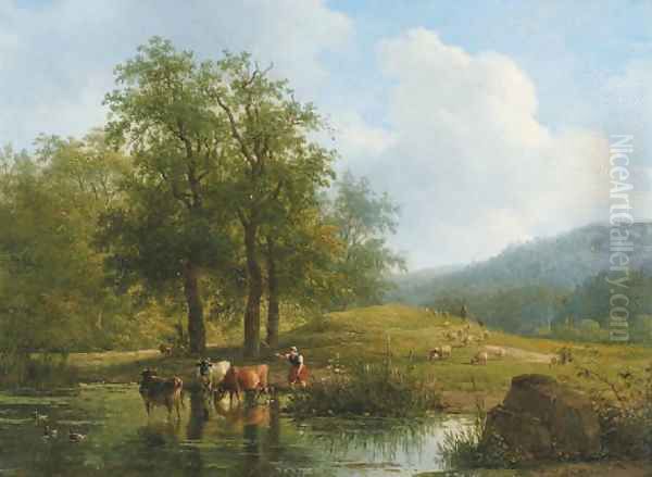 Herding the cattle in summer Oil Painting by Andreas Schelfhout