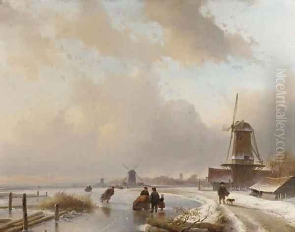 Skaters on the ice by windmills, a koek and zopie in the distance Oil Painting by Andreas Schelfhout