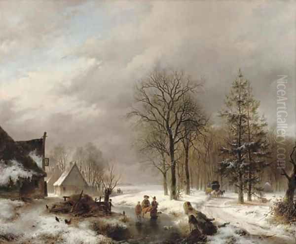 Villagers on the ice by farmhouses, a diligence approaching Oil Painting by Andreas Schelfhout