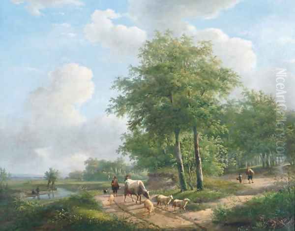 Walking along a sunlit path in the countryside Oil Painting by Andreas Schelfhout