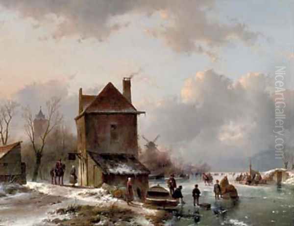 Wintergezicht met schaatsrijders a busy day on the ice Oil Painting by Andreas Schelfhout