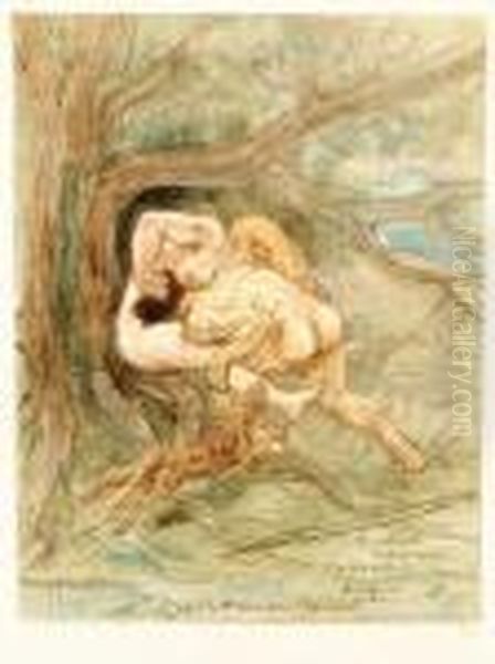 Accouplement Prehistorique, Chasse A La Femelle Oil Painting by Felicien Rops