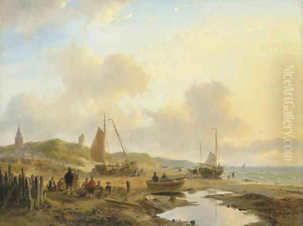 Activities on the beach of Scheveningen Oil Painting by Andreas Schelfhout