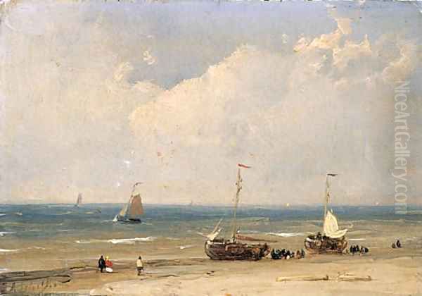 Bomschuiten on the beach Oil Painting by Andreas Schelfhout