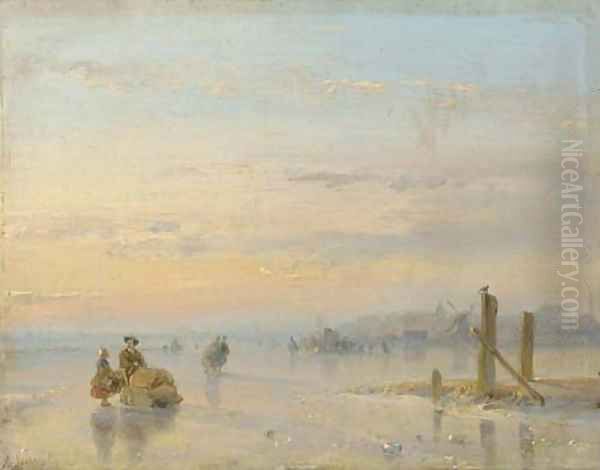 Figures with a sledge on the ice Oil Painting by Andreas Schelfhout