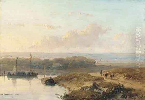 Shipping on a calm river in a panoramic summer landscape Oil Painting by Andreas Schelfhout