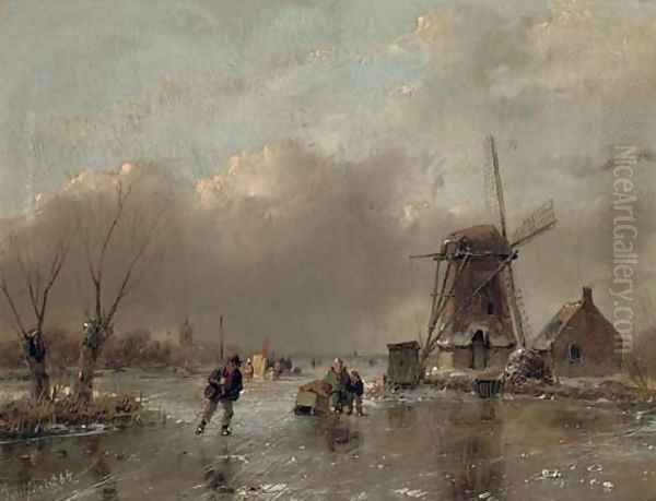 Skaters by a mill with a koek en zopie beyond Oil Painting by Andreas Schelfhout