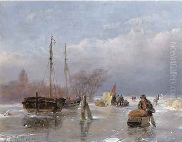 Skaters on the ice with a koek en zopie in the distance Oil Painting by Andreas Schelfhout