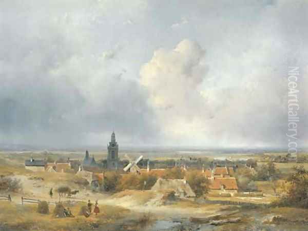 Summer in Holland a panoramic view of a village in the dunes Oil Painting by Andreas Schelfhout