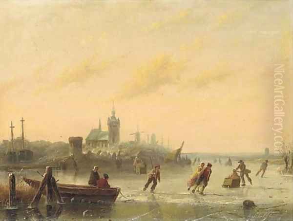 Winter Skaters on the Lake Oil Painting by Andreas Schelfhout