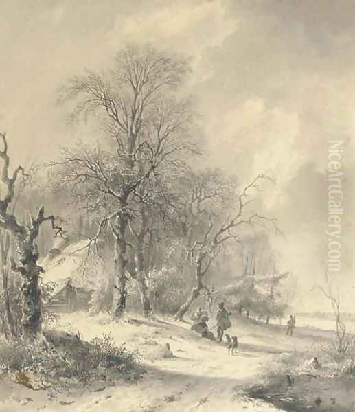 Winter sportsmen on the edge of a forest Oil Painting by Andreas Schelfhout