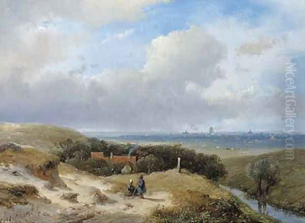 A panoramic summer landscape with travellers resting in the dunes Oil Painting by Andreas Schelfhout