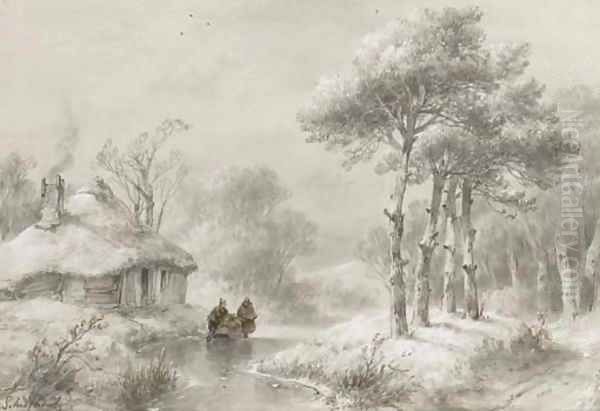 A wooded winter landscape with figures by a cottage Oil Painting by Andreas Schelfhout