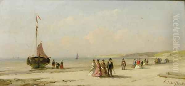 Elegant company on the beach of Scheveningen Oil Painting by Andreas Schelfhout