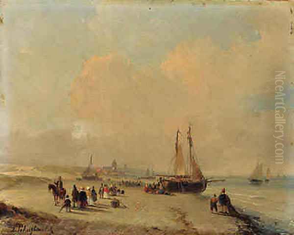 Elegant figures on the beach welcoming the fleet, with Scheveningen beyond Oil Painting by Andreas Schelfhout