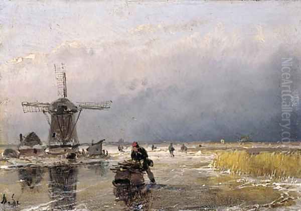 Skaters on a frozen waterway by a windmill Oil Painting by Andreas Schelfhout