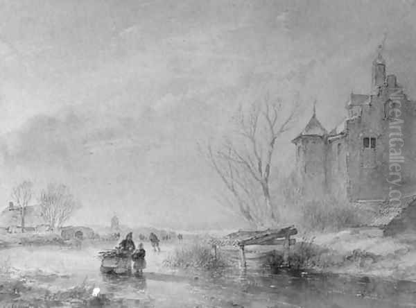 Skaters on a frozen waterway near a fortified mansion Oil Painting by Andreas Schelfhout