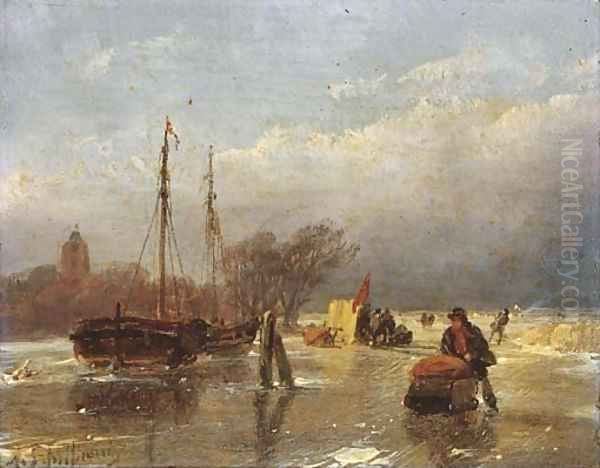 Skaters on a frozen waterway, a koek en zopie beyond Oil Painting by Andreas Schelfhout