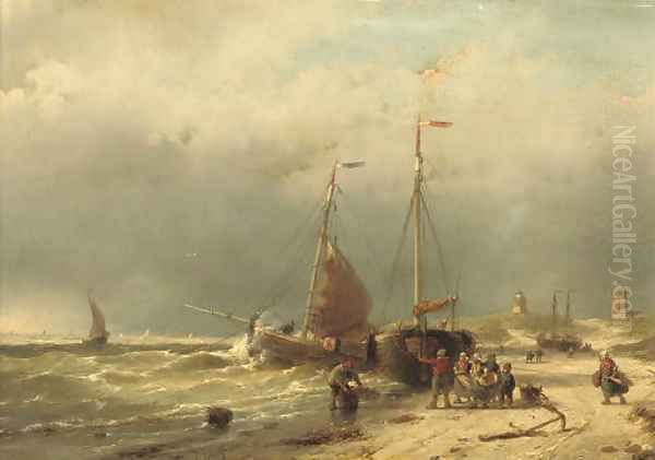 Unloading the catch on the beach of Scheveningen Oil Painting by Andreas Schelfhout