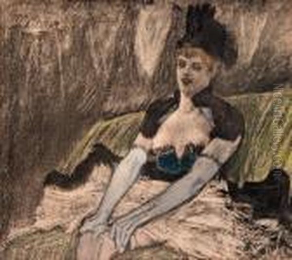 A Woman Wearing A Revealing Dress, Seated In A Cafe Oil Painting by Felicien Rops