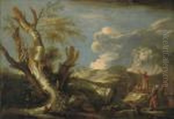 A Mountainous River Landscape With Classical Figures And Soldiers Discoursing Oil Painting by Salvator Rosa