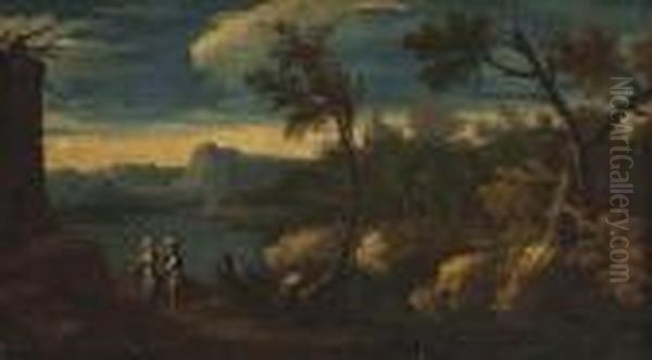 An Wooded River Landscape With Washerwomen Walking On The Bank Oil Painting by Salvator Rosa