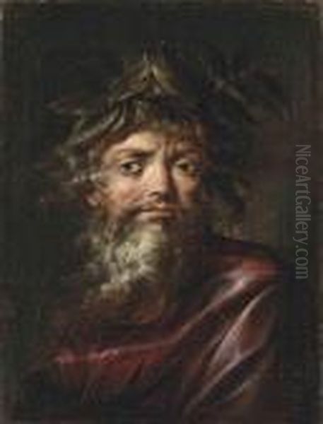 Portrait Of A Philosopher, Bust-length, In A Red Gown Oil Painting by Salvator Rosa