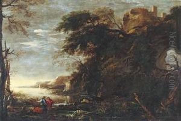 A Landscape With An Arched Rock Andtravellers Oil Painting by Salvator Rosa