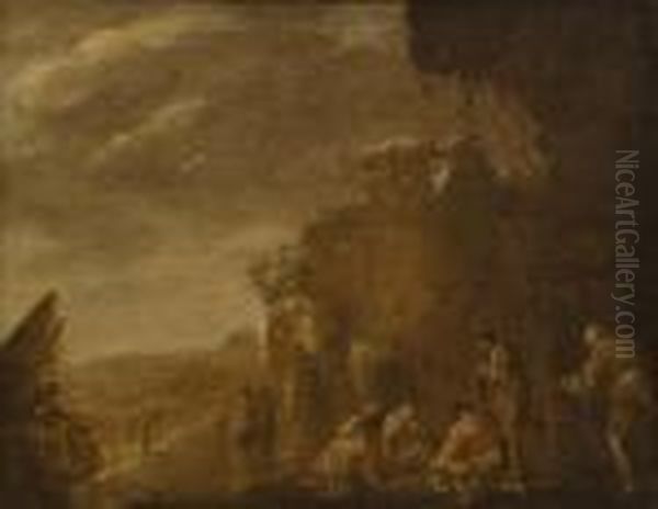 Paesaggio Con Popolani Che Giocano A Carte Oil Painting by Salvator Rosa