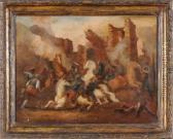 Scena Di Battaglia Di Fronte A Ruderi Oil Painting by Salvator Rosa